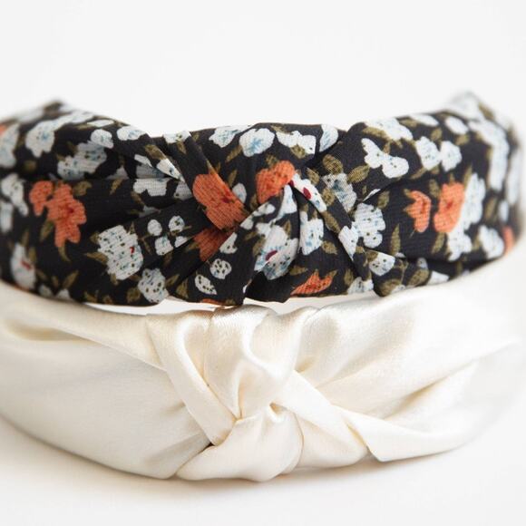 Isla Black Floral and White Satin Headbands Set - Picture 2 of 3
